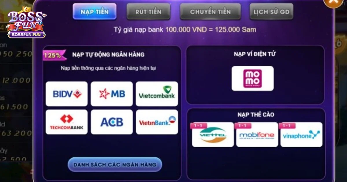 C&aacute;c Phương Thức Nạp Tiền Phổ Biến Tại Bossfun